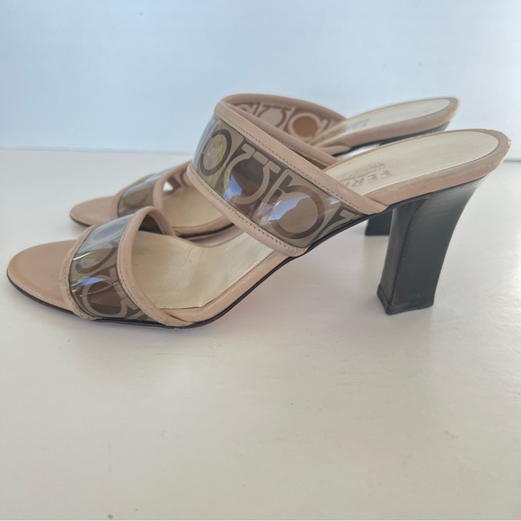 SALVATORE FERRAGAMO Brown Beige Clear Straps Slides Slip On Heels Sandals Sz 7 - Picture 5 of 16